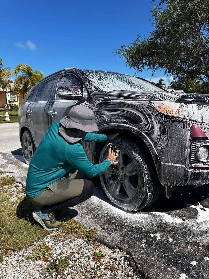 Wheel being scrubbed with foam
